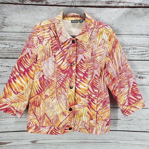 Additions by Chico's Women's Pink Orange Leaf Print Button Front Jacket Size 3 - Picture 1 of 14